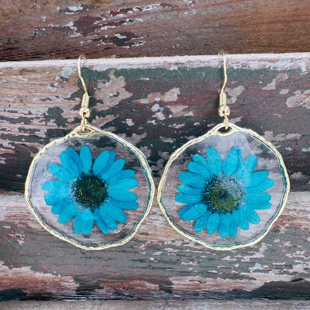 23. Gold and Blue Resin Floral Earrings Handmade by Me- Medium Circle Size